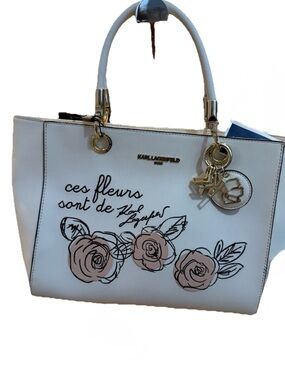 Karl Lagerfeld White Tote with Pink Rose Sketches
